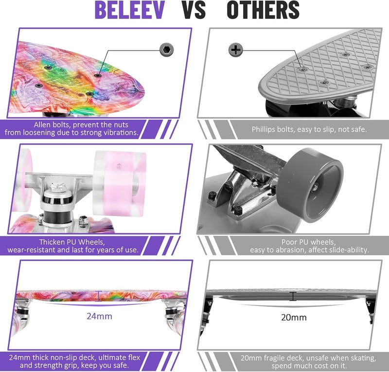 BELEEV 22 inch Skateboards for Kids, Cruiser Skateboard for Beginners Girls Boys Teens Adults, Mini Skateboards Classic Complete Skate Board with Skate T-Tool, Max Load 220 LBS - Image 4